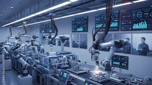 Automated robotic arms working on a production line in a smart factory with human supervision.