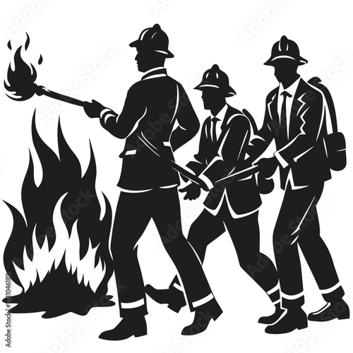 Firefighters in silhouette advancing towards a fire with a torch