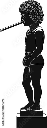 Black silhouette parody of classical David sculpture with Pinocchio long nose symbolizing lies, deception, satire, truth, and ironic modern artistic concept illustration