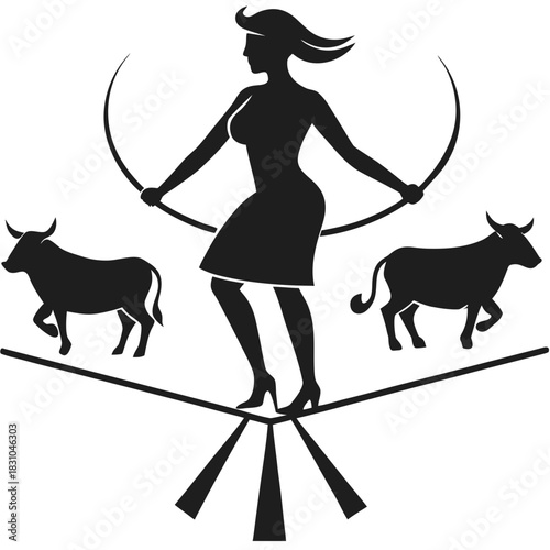 Silhouette of a woman balancing on a tightrope with bulls on either side