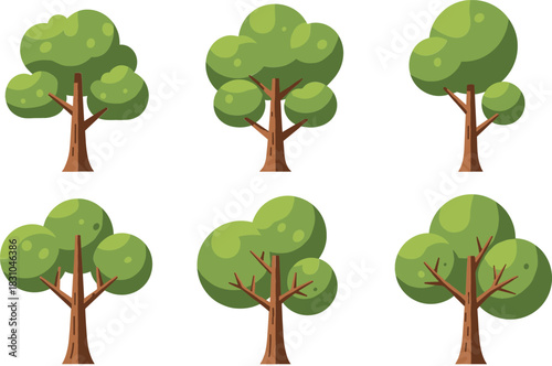 Cartoon tree vector set with different leafy shapes and trunks representing nature, forest, park, and eco friendly outdoor landscape design elements