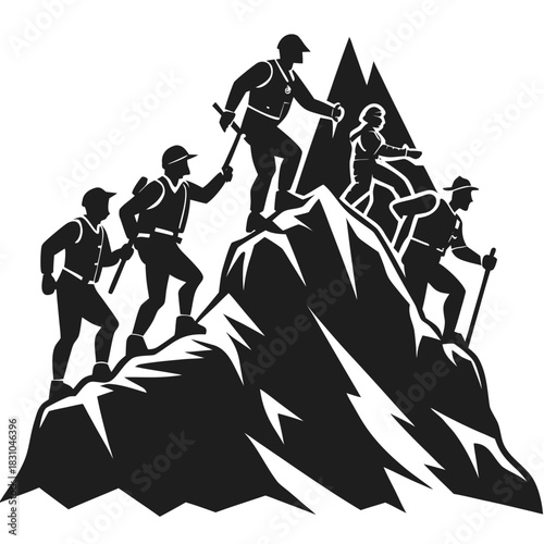 Team of hikers climbing a steep mountain peak together as a silhouette