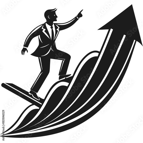 Businessman surfing on upward arrow symbolizing growth and success in business