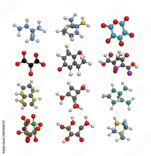 Laboratory images top-down view of chemical structures and molecules isolated on transparent background