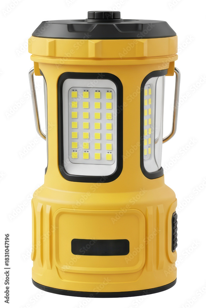 Fototapeta premium Yellow portable camping lantern with light panel and metal handle isolated on transparent background