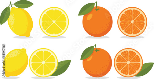 Citrus fruit illustration set featuring lemon and orange whole fruits and sliced rounds with green leaves for fresh food, beverage, and ingredient designs