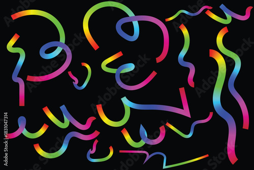 Neon rainbow squiggle lines on black background with colorful abstract gradient wave pattern