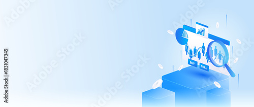 Isometric stock market data analysis with magnifying glass, business financial analytics dashboard, and stock market research concept in banner web.