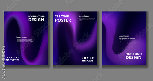 Three abstract square graphic design templates featuring a vibrant, flowing purple and black gradient background suitable for modern digital or print media covers and posters