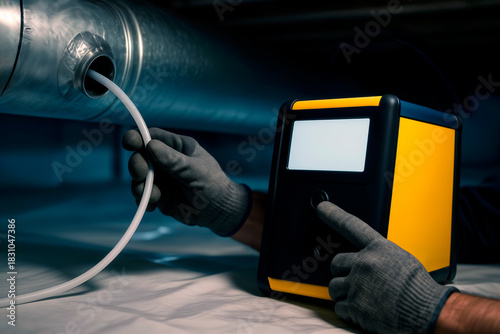 Gloved Hands Operating an Industrial Inspection Device on a Duct