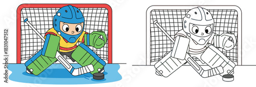 Cartoon ice hockey goalie vector illustration. Coloring book page for kids showing colored and outline versions of a boy playing sports as a goalkeeper blocking the puck.