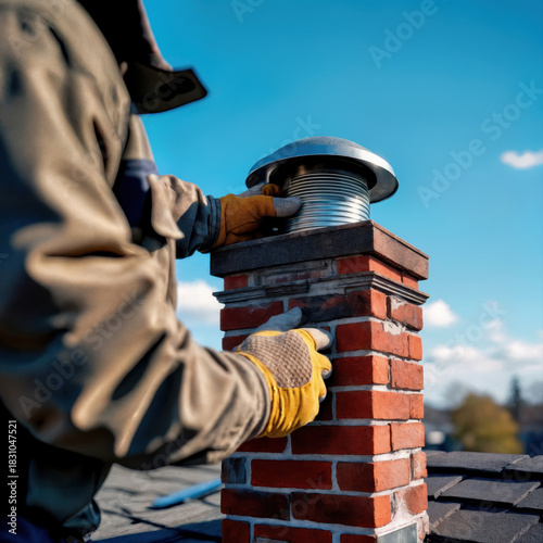Construction Worker Installing a Metal Cap on a Red Brick Chimney