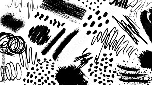 Textured black and white strokes and patterns create an abstract graphic set. This vector illustration features various shapes and styles.