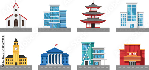 City buildings and architecture icons illustration set featuring church, modern offices, pagoda, government buildings, clock tower, cinema, and urban landmarks
