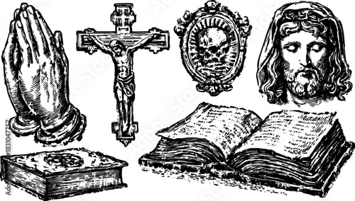 Vintage illustration featuring religious elements: a Christ figure on a cross, praying hands, and a book. Includes a skull and vector graphic in black and white.