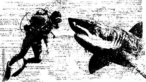 Silhouette of a diver confronting a shark in a vintage engraving style. This black line illustration showcases marine wildlife in a vector format.