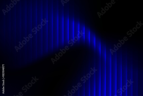 Abstract dark background featuring a dynamic wave pattern composed of intense, glowing vertical blue light streaks resembling an aurora or digital energy flow against a deep black void
