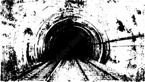 Tunnel engraving. Black and white vintage vector illustration with defined lines and stipple textures, showcasing a unique perspective.