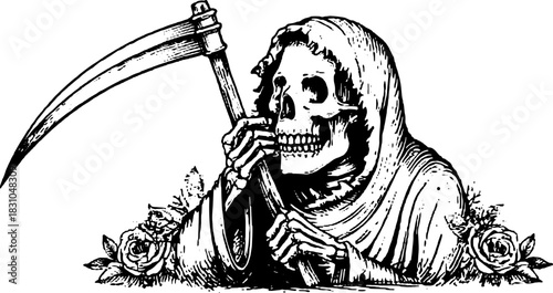 Skeleton in vintage robes holding a scythe. Engravings with roses depict a theme of death in this monochrome vector illustration.