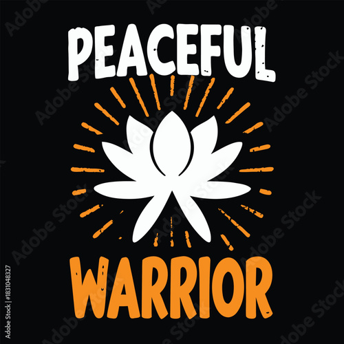White lotus flower shines amidst radiating orange lines with bold peaceful warrior inscription
