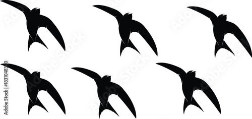 Bird silhouette illustration, flying posture, black wings spread, nature design, symmetry in motion, minimalist art, flight pattern, wildlife graphic