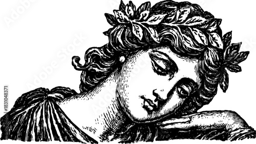 Greco-Roman goddess bust sculpture. Detailed vector illustration with intricate hair and leaf ornament set.