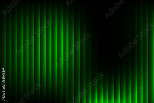 Abstract background featuring vibrant vertical green light bars against a deep black backdrop, creating a futuristic, glowing curtain effect with strong contrast and dynamic illumination