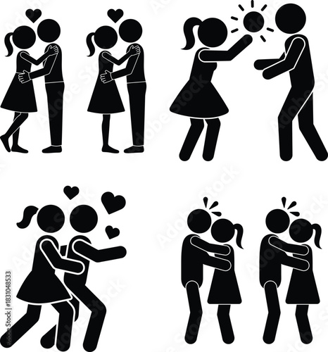 Couple stick figure set displaying love, romance, and affection