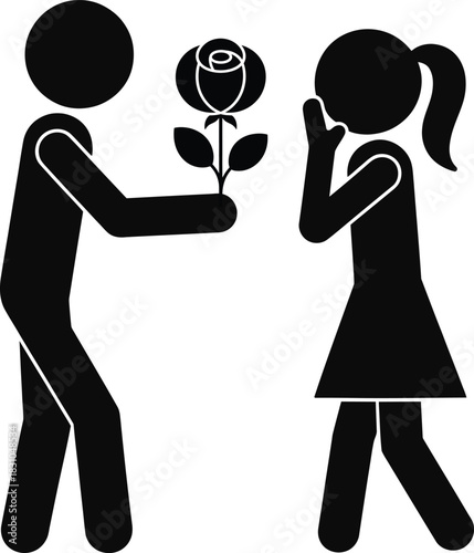 Man presenting rose to surprised woman stick figure vector icon