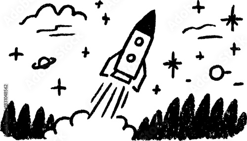 Rocket launching into space, hand-drawn in black and white. Doodle illustration with clouds, stars, and planets, showcasing adventure, vector art.
