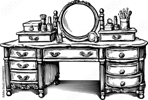 Vintage desk with a mirror and storage options. Detailed engraving in a classic style, perfect for home decoration. Vector illustration.