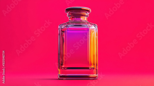 An elegant glass bottle filled with a radiant, multicolored fluid against a vibrant pink background, evoking concepts of modern alchemy and cosmetic science