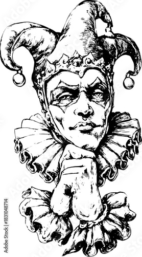 Jester character in a black and white vector illustration. Detailed portrait with ornate hat and traditional attire, showcasing a sad expression.