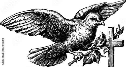 Dove flying with a branch and cross. Vintage black and white vector illustration depicting religious themes in a simple design set.