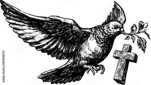 Dove flying with a branch in its beak and a cross. Vintage vector illustration representing peace and spirituality.