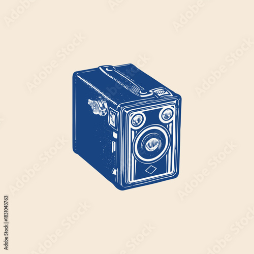 Old vintage analog film box camera with flash icon