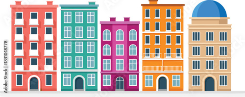 Colorful urban apartment building illustration featuring residential city houses, European architecture facades, and modern town street exterior design concept