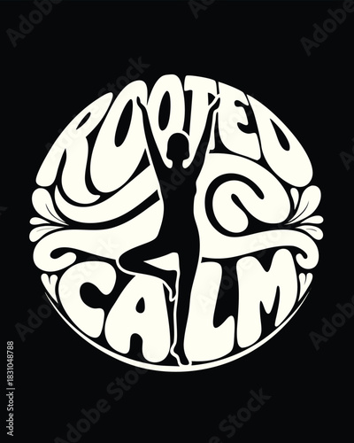 Rooted calm is expressed through the female silhouette balancing in yoga pose