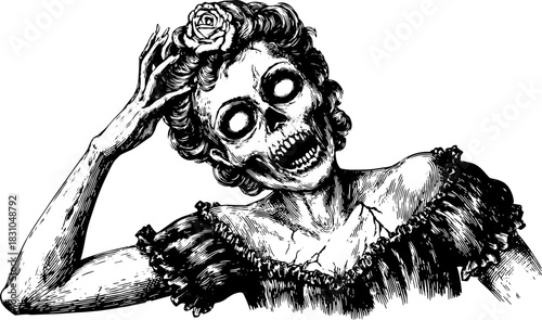 Vintage skeleton illustration of a woman in a gothic style. Detailed art, black and white, perfect for a set of spooky decor or a vector illustration.