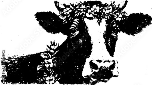 Cow portrait in black and white illustration with a floral wreath. Simple vector art highlights agricultural and rural themes.