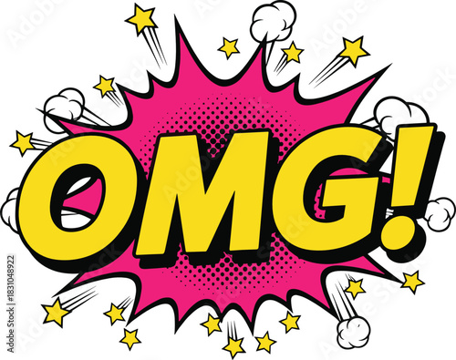 Comic pop art OMG speech bubble illustration with explosive starburst, surprise expression typography, fun retro style, and colorful shock reaction design