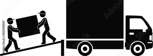 People loading cargo onto a delivery truck using a ramp