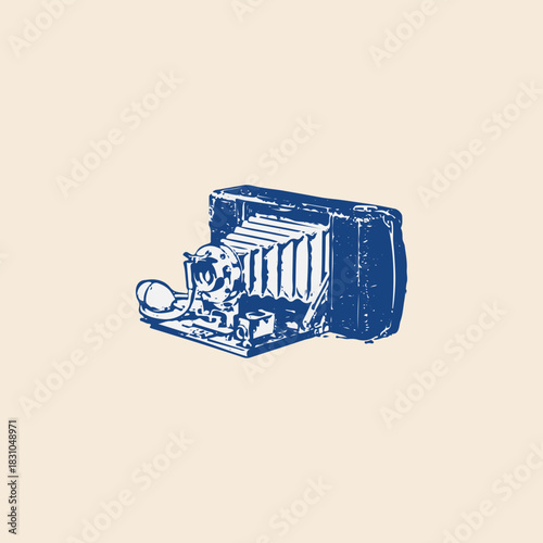 Old vintage analog film bellows camera with flash icon