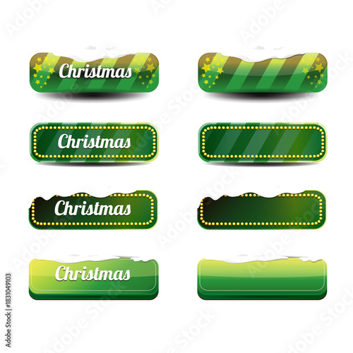 Christmas vector green glossy buttons set isolated on white background. Web green christmas sale buttons with snow, snow flakes, ice border. Winter button collection