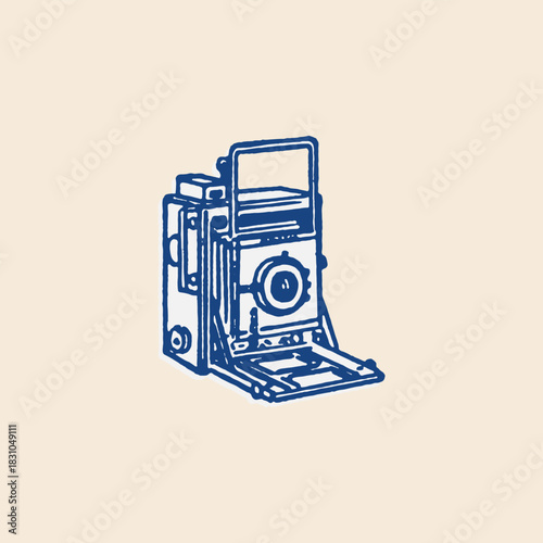 Old vintage analog film bellows camera with flash icon