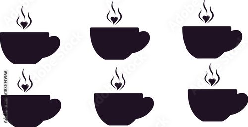 Coffee cup silhouette, heart steam design, black icon set, warm beverage symbol, minimalist layout, love theme, café graphic, cozy mood