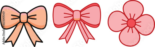Cute bow ribbon and flower illustration icons featuring soft pastel colors, decorative gift elements, feminine style accents, and charming celebration design symbols