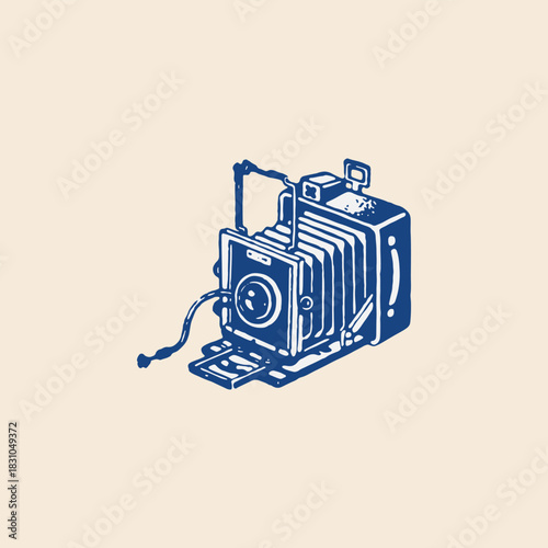 Old vintage analog film bellows camera with flash icon