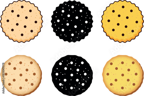 Cookies and biscuits icons set – round chocolate chip crackers, scalloped edge butter cookie mix – vector icon