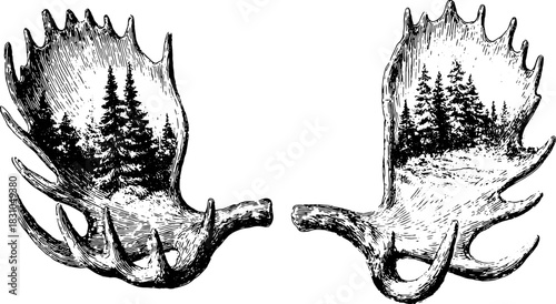 Antlers with wilderness scenery featuring trees illustrated in black and white. Detailed vector illustration representing nature and the outdoors.